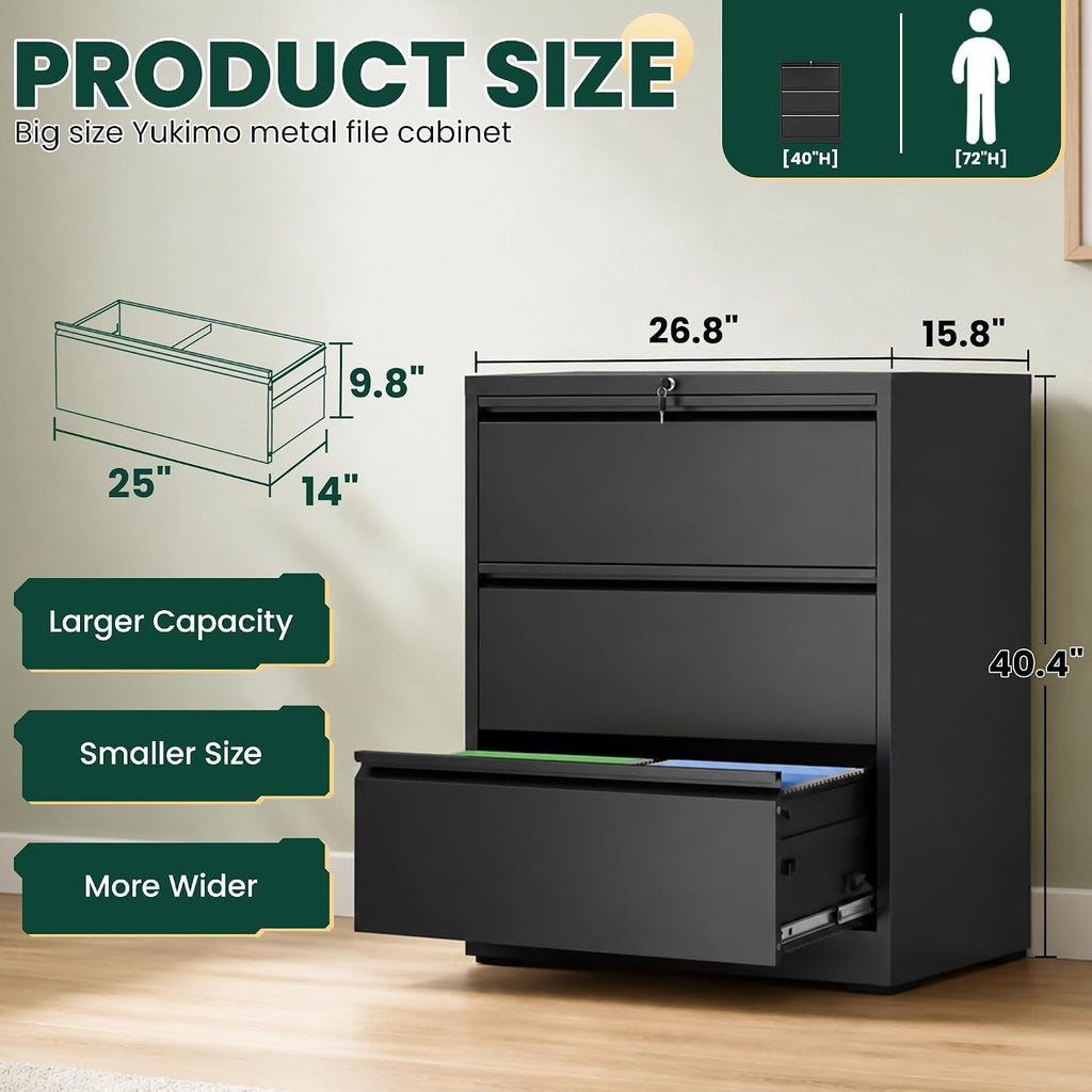 Triple Compartment Lateral Filing Cabinet Black Steel-1