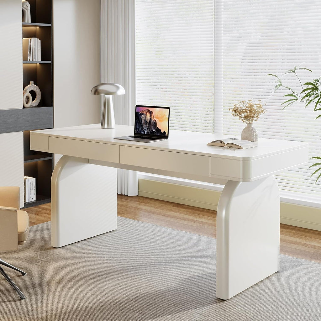 White executive desk with drawers along one side