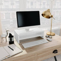 Compact white monitor riser with a shelf underneath