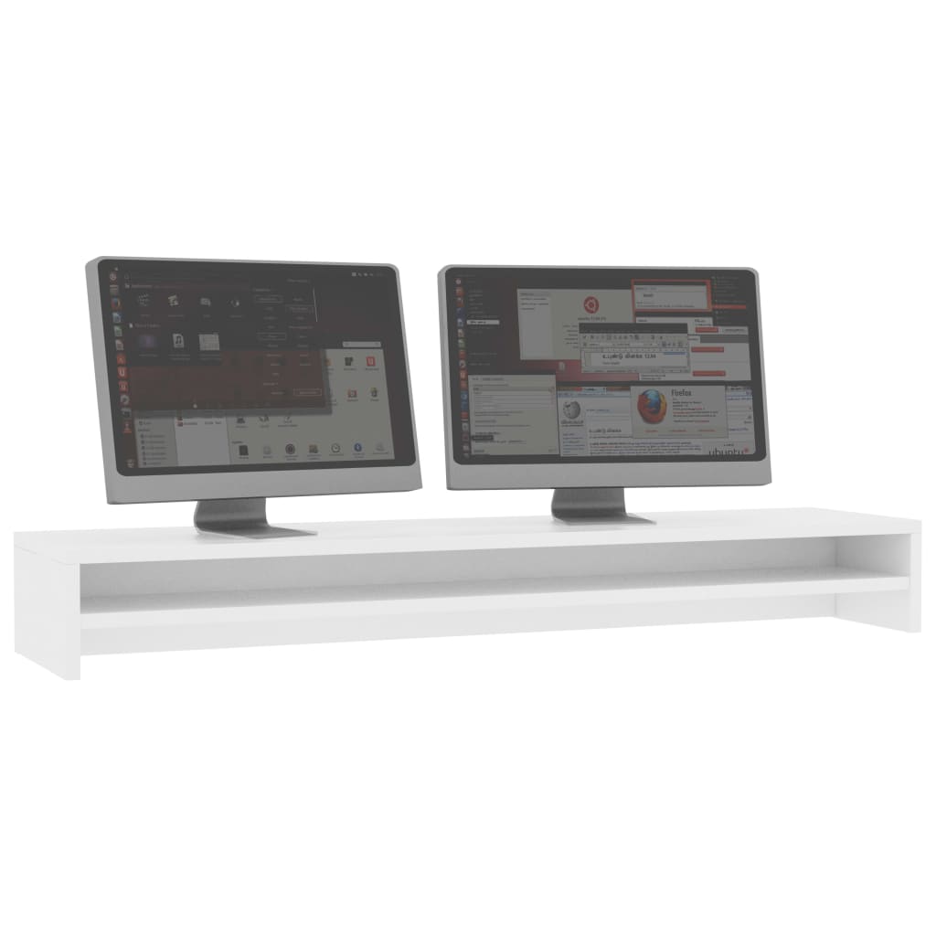 White monitor riser one metre long with a shelf underneath