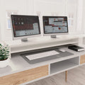 White monitor riser one metre long with a shelf underneath