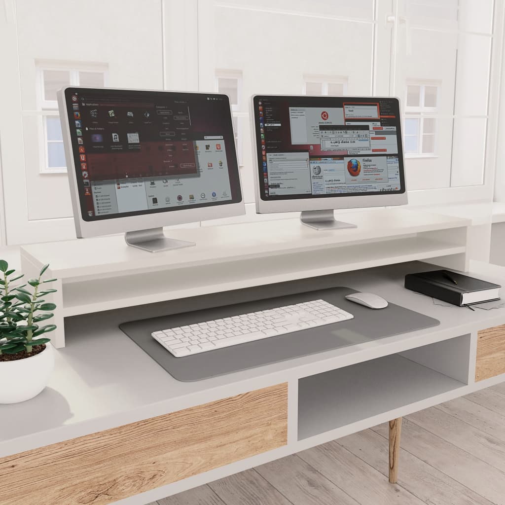 White monitor riser one metre long with a shelf underneath