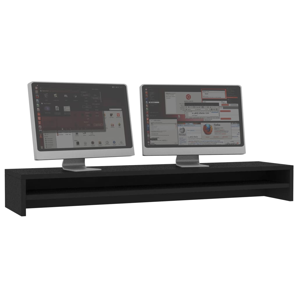 Black monitor riser one metre long with a shelf underneath