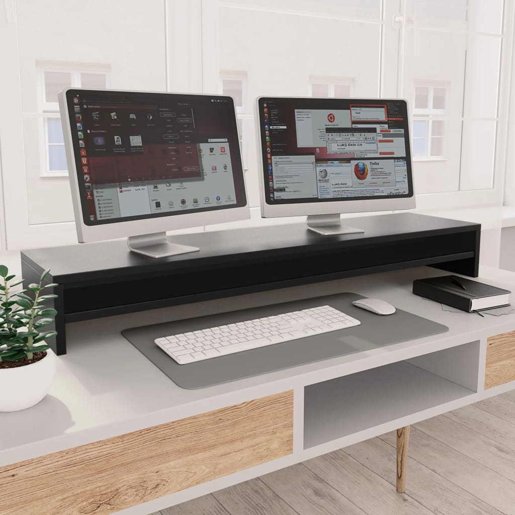 Black monitor riser one metre long with a shelf underneath