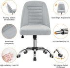 Armless linen task chair on a rolling metal base