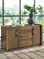 Wide brown office credenza with closed storage