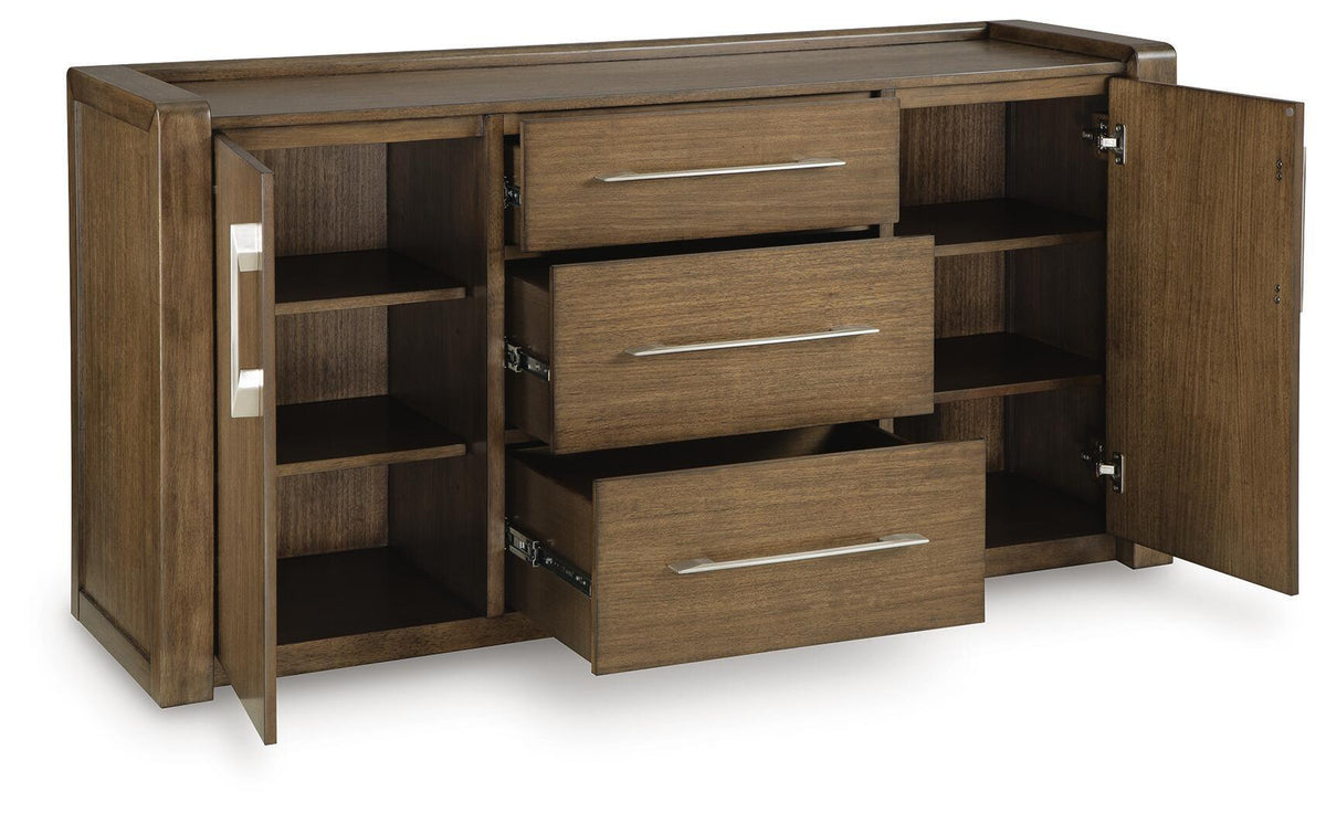 Wide brown office credenza with closed storage