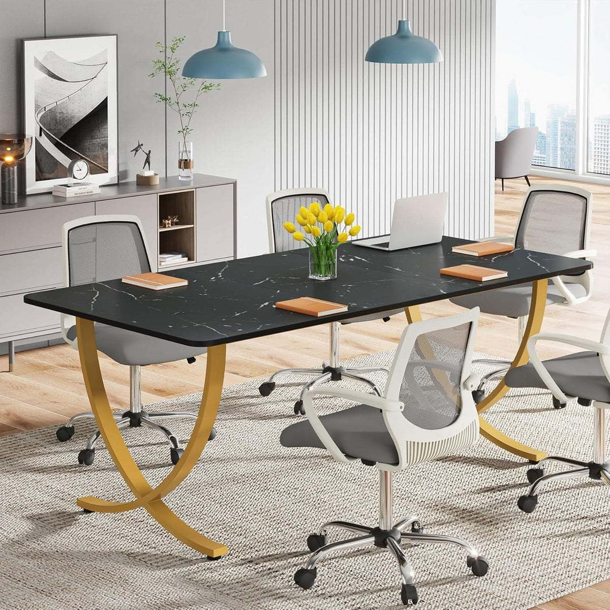 Black executive desk with brass toned detailing