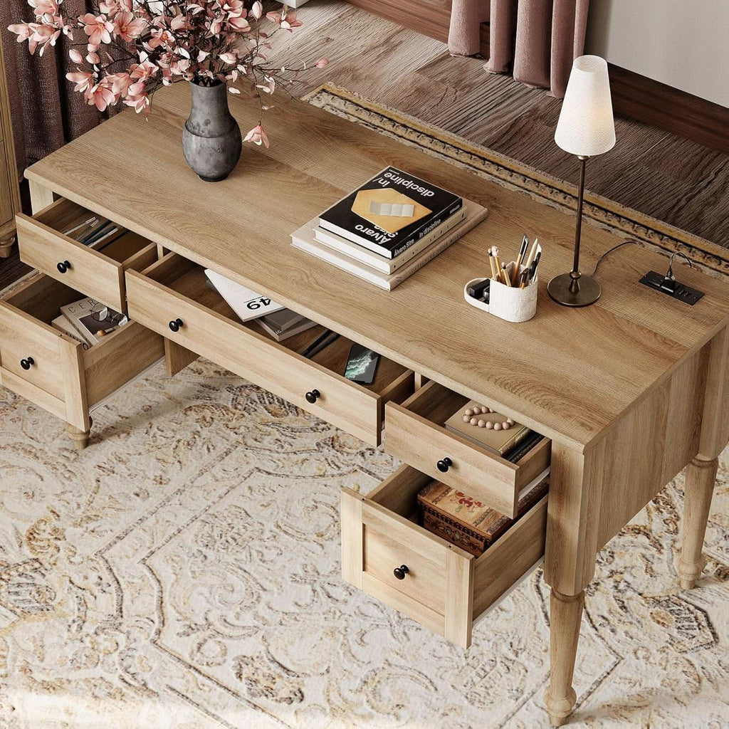 Distressed oak executive desk with a matching glass door bookcase