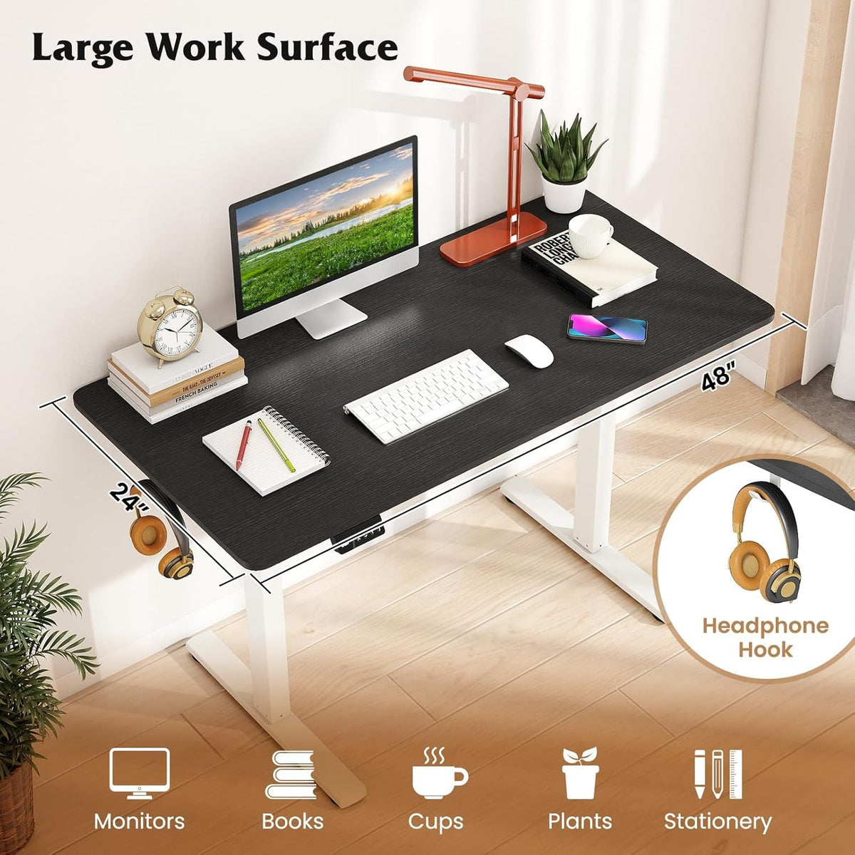 Electric standing desk raised to standing height