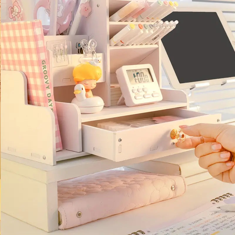 Compact study desk in white with built in storage shelves