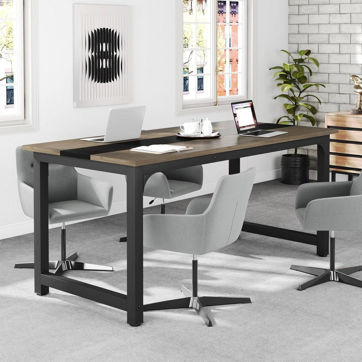Vintage grey executive desk with a black steel frame