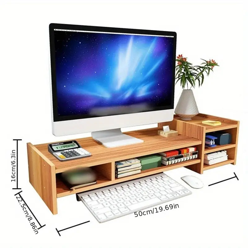 Wooden monitor riser with built in compartments for desk supplies
