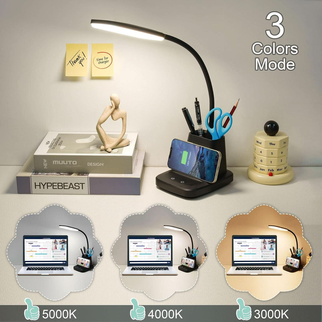 Black desk lamp with an integrated wireless charging pad and pen holder
