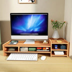 Wooden monitor riser with built in compartments for desk supplies