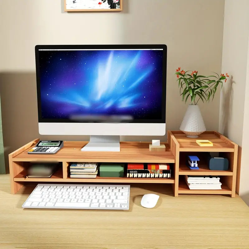 Wooden monitor riser with built in compartments for desk supplies
