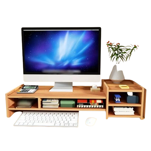 Wooden monitor riser with built in compartments for desk supplies