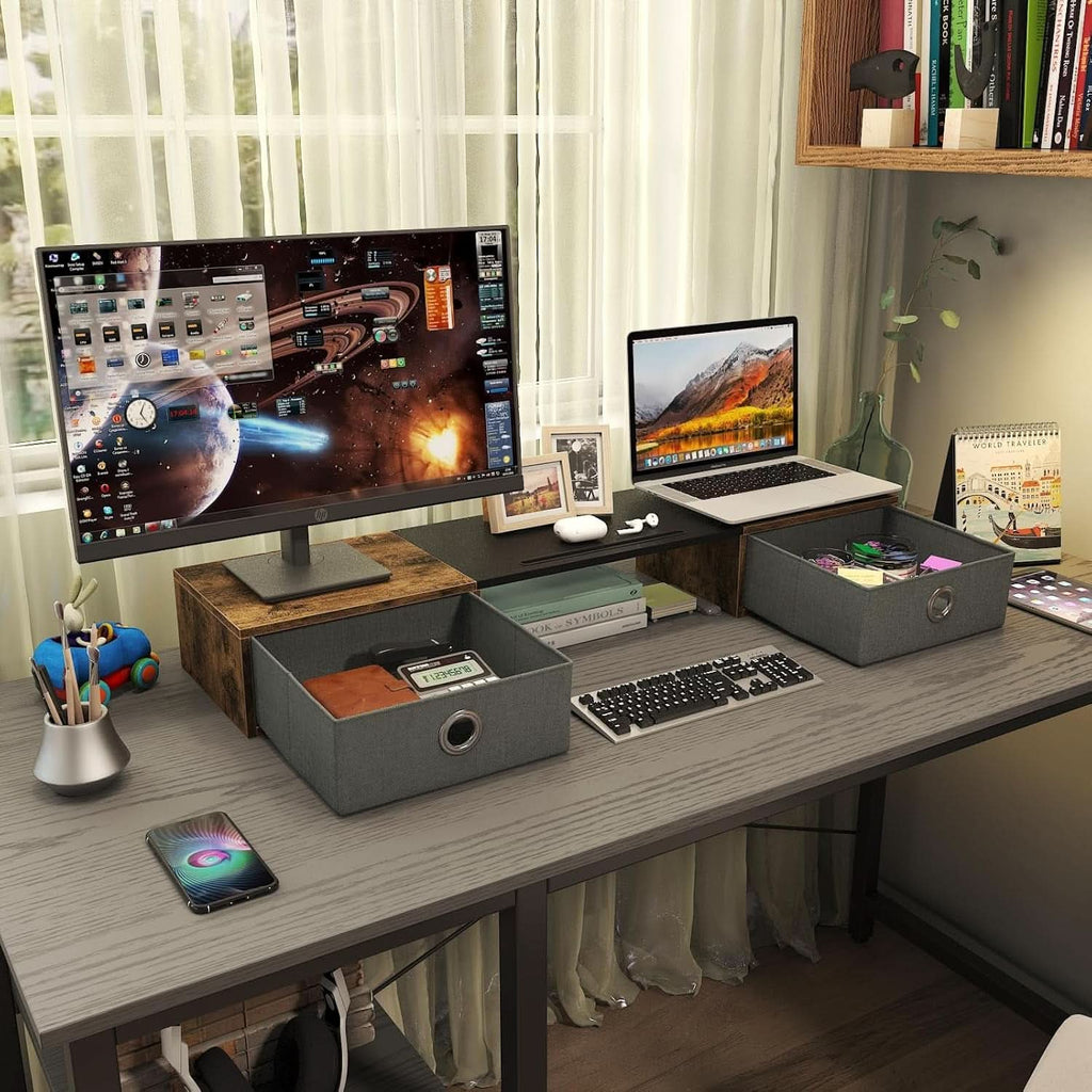 Wide dual monitor riser with two storage drawers