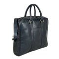 Black full grain leather messenger bag with a flap closure