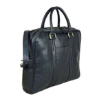 Black full grain leather messenger bag with a flap closure