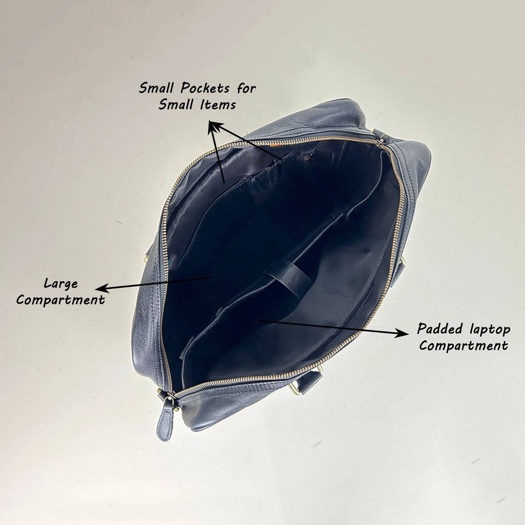 Black full grain leather messenger bag with a flap closure