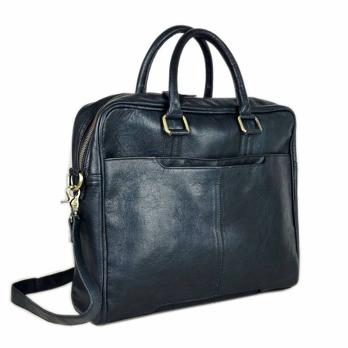 Black full grain leather messenger bag with a flap closure