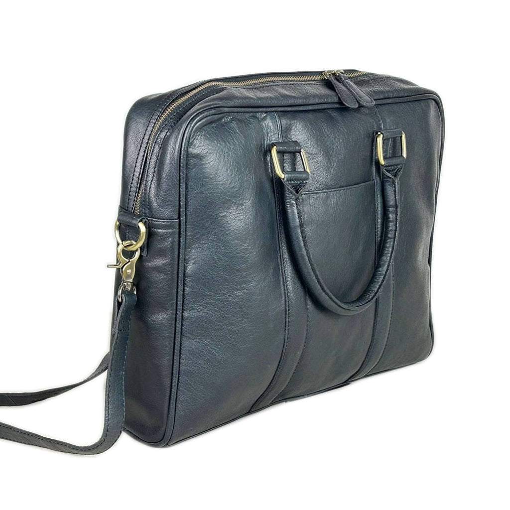 Black full grain leather messenger bag with a flap closure