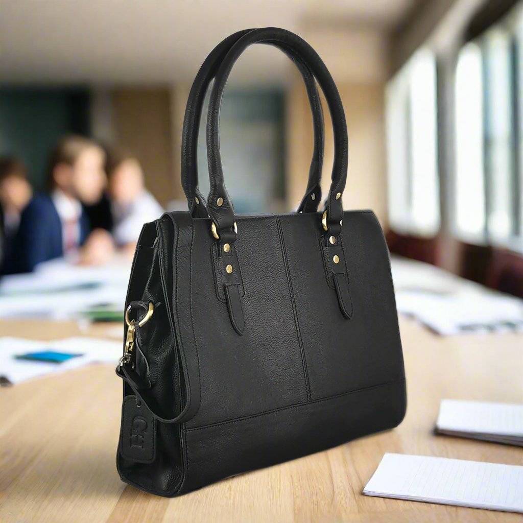 Black full grain leather laptop bag for a 15 inch machine