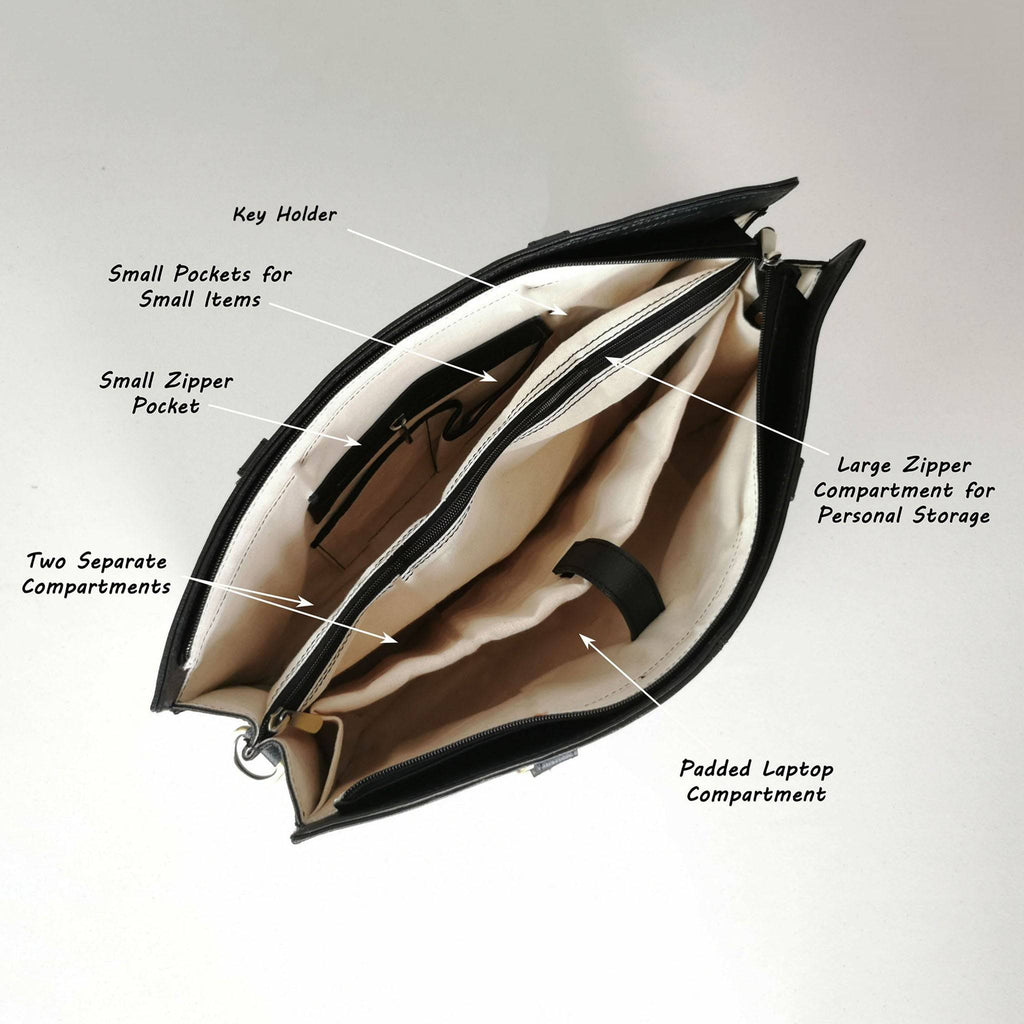 Black full grain leather laptop bag for a 15 inch machine