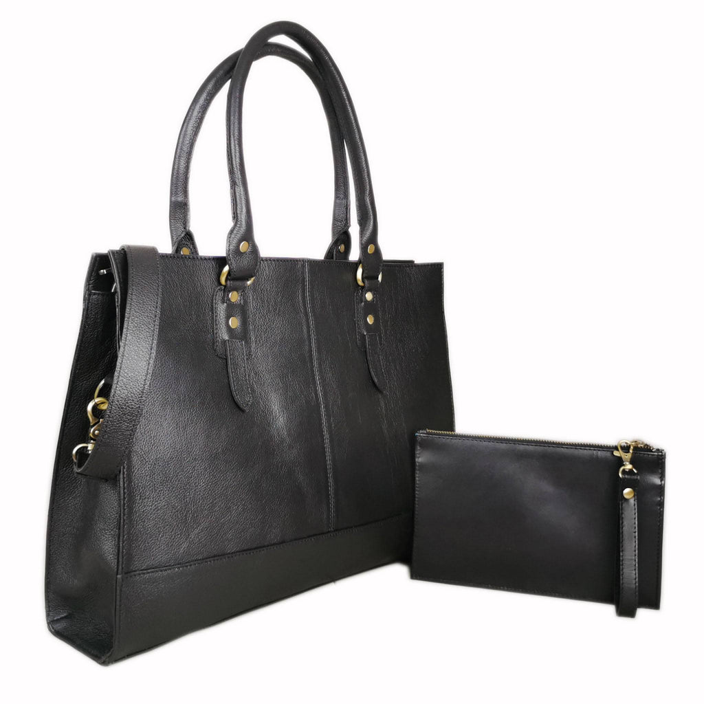 Black full grain leather laptop bag for a 15 inch machine