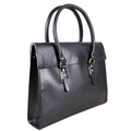 Black leather laptop bag with a full flap closure