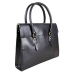 Black leather laptop bag with a full flap closure