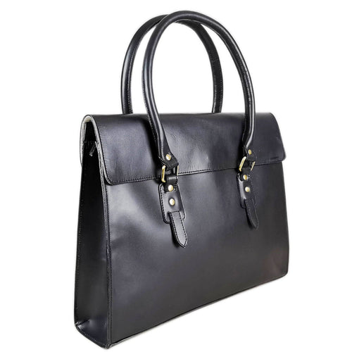 Black leather laptop bag with a full flap closure