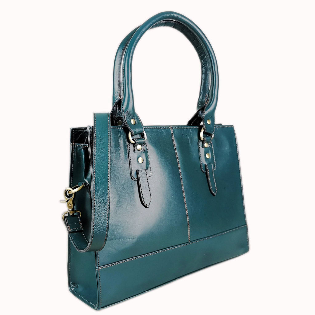 Bottle green leather laptop bag for a 15 inch machine