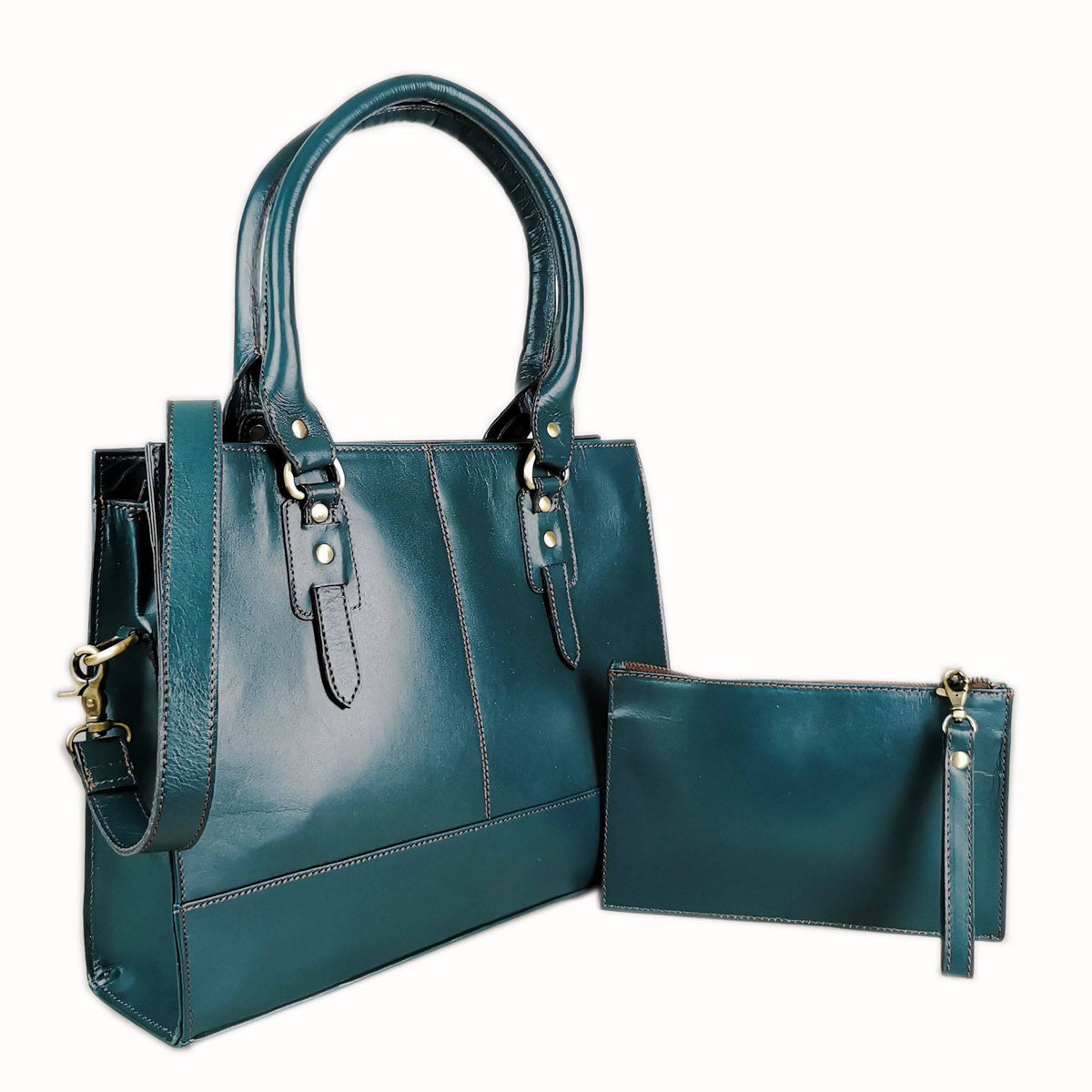 Bottle green leather laptop bag for a 15 inch machine