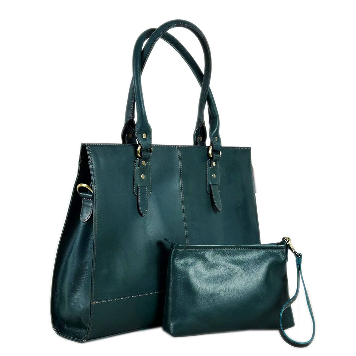 Bottle green leather laptop bag for a 17 inch machine