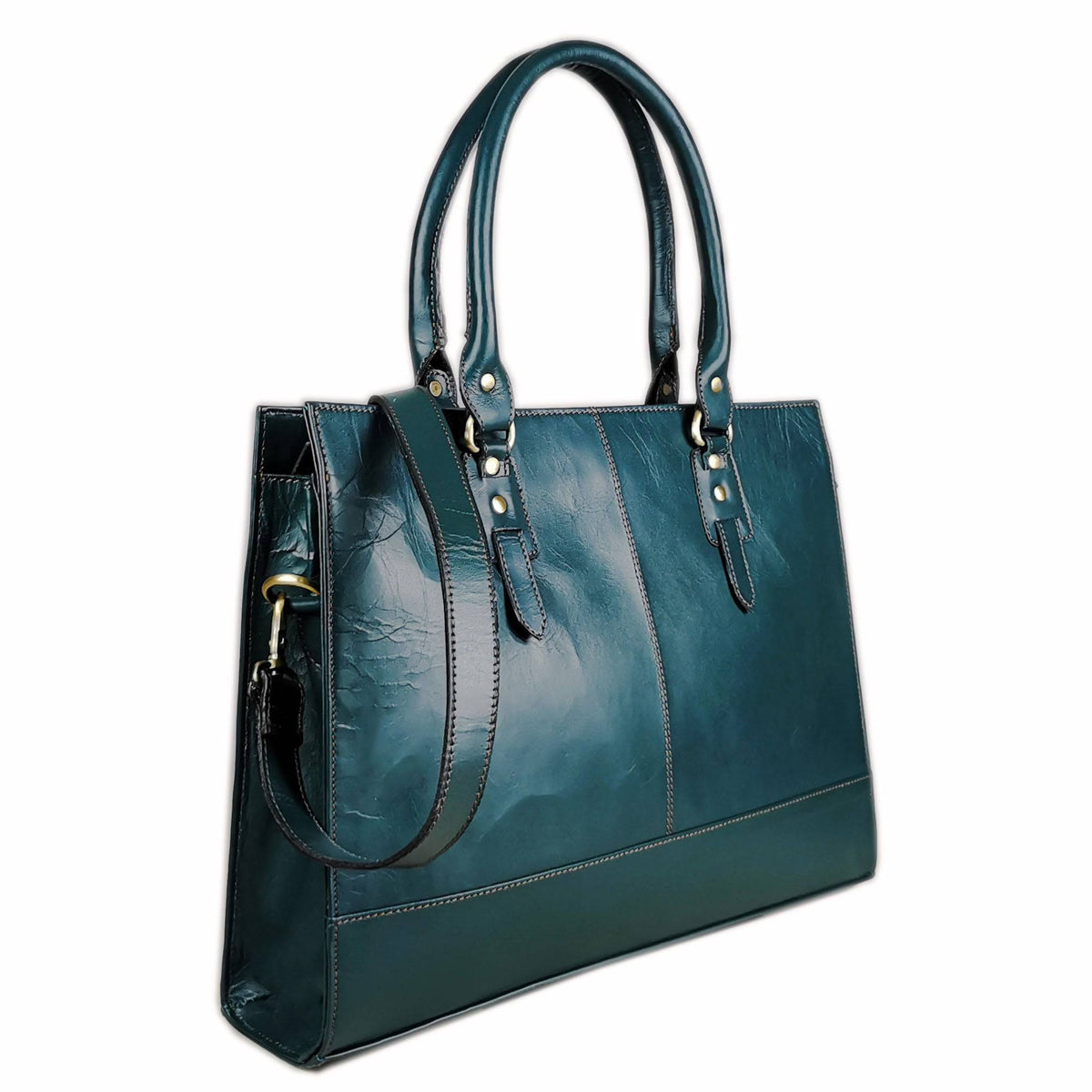 Bottle green leather laptop bag for a 17 inch machine
