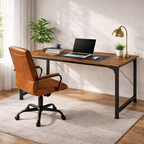 55" Rustic Computer Desk with Leather Executive Swivel Office Chair – Brown Office Set-0