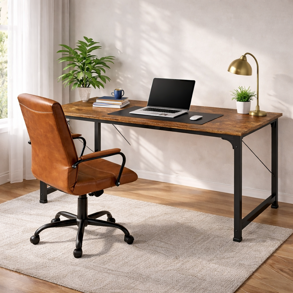 55" Rustic Computer Desk with Leather Executive Swivel Office Chair – Brown Office Set-0