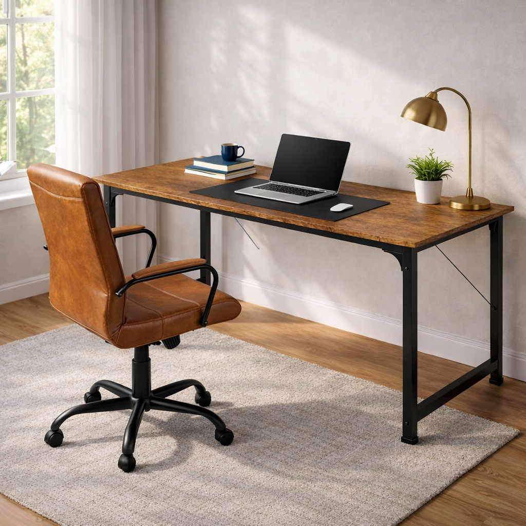 55" Rustic Computer Desk with Leather Executive Swivel Office Chair – Brown Office Set-2