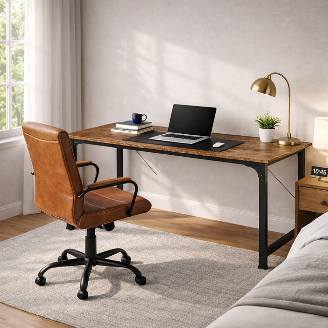 55" Rustic Computer Desk with Leather Executive Swivel Office Chair – Brown Office Set-1