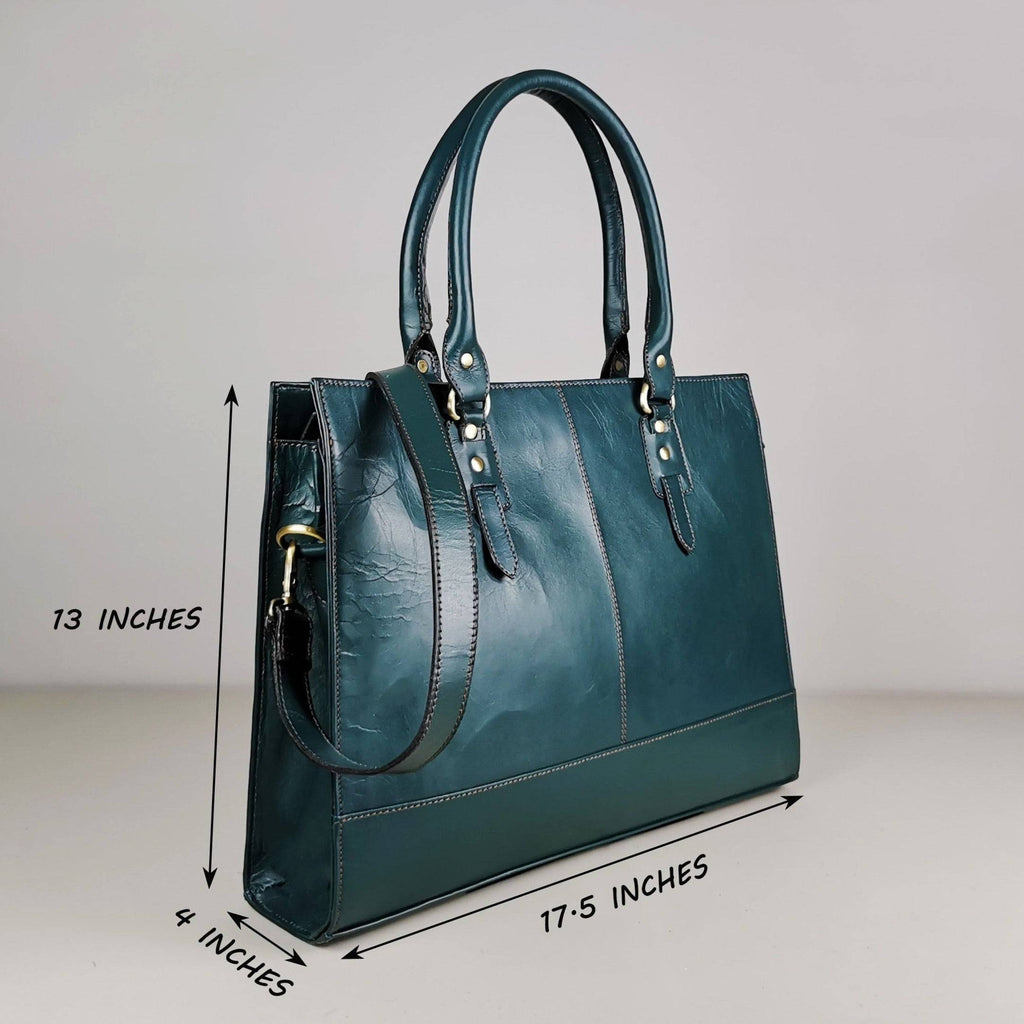 Bottle green leather laptop bag for a 17 inch machine