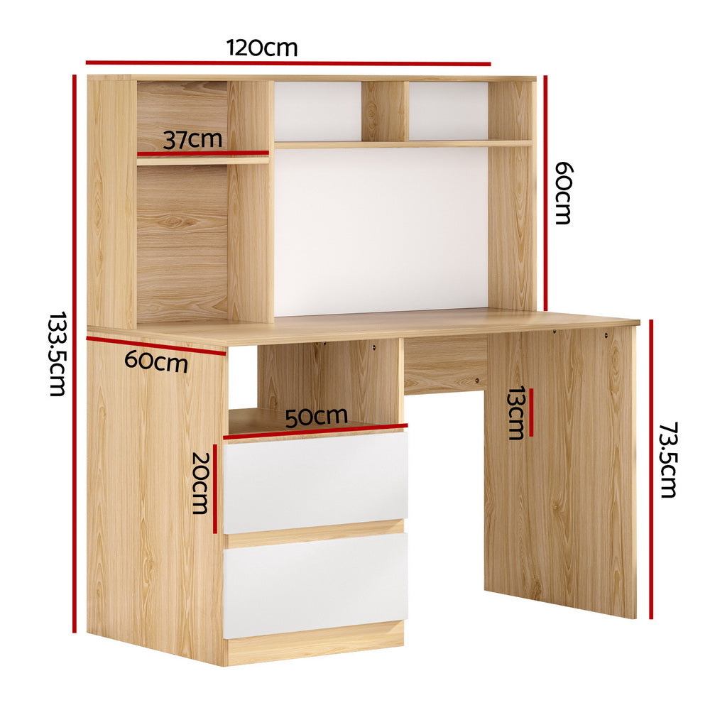 White and oak desk with an open bookshelf above the work surface