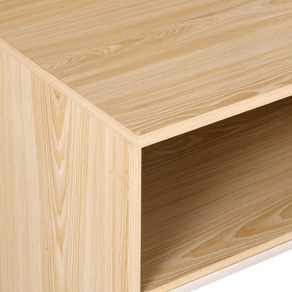 White and oak desk with an open bookshelf above the work surface