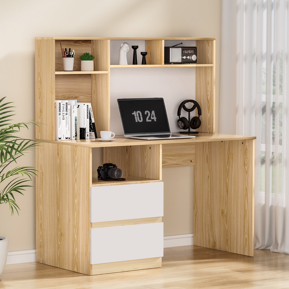 White and oak desk with an open bookshelf above the work surface