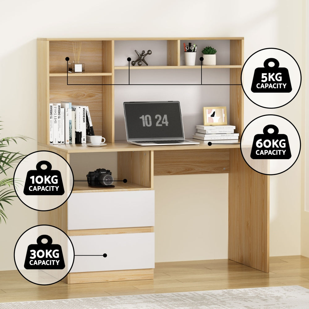 White and oak desk with an open bookshelf above the work surface