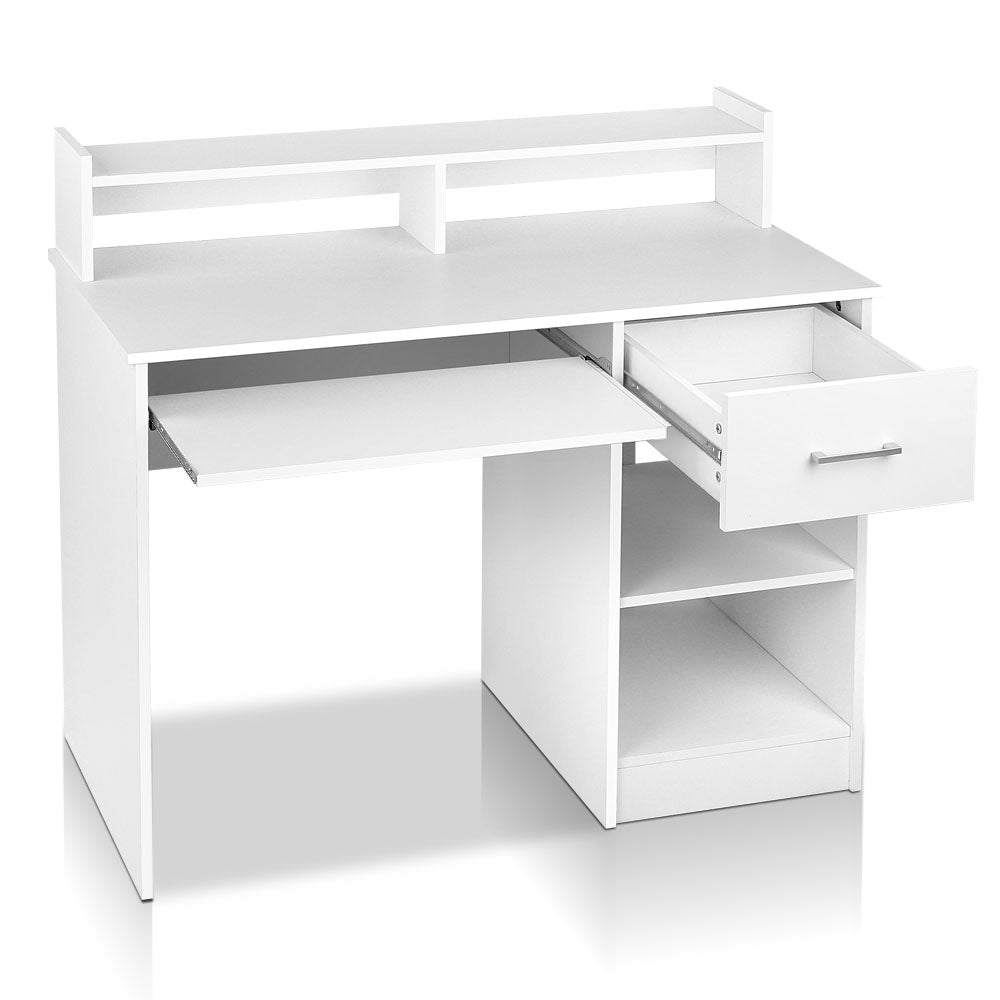 White desk with a slide out keyboard tray and open shelving
