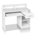 White desk with a slide out keyboard tray and open shelving
