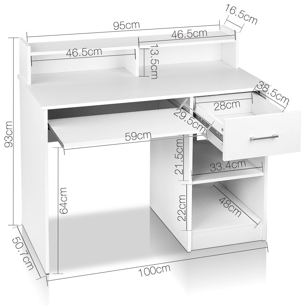 White desk with a slide out keyboard tray and open shelving