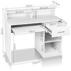 White desk with a slide out keyboard tray and open shelving